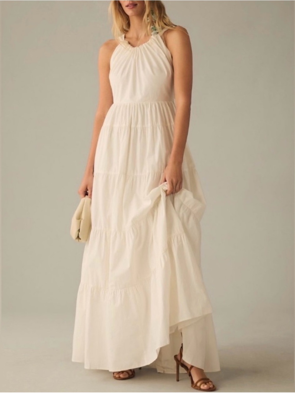 Anthropologie Women's Cream Halter Tiered Maxi Dress